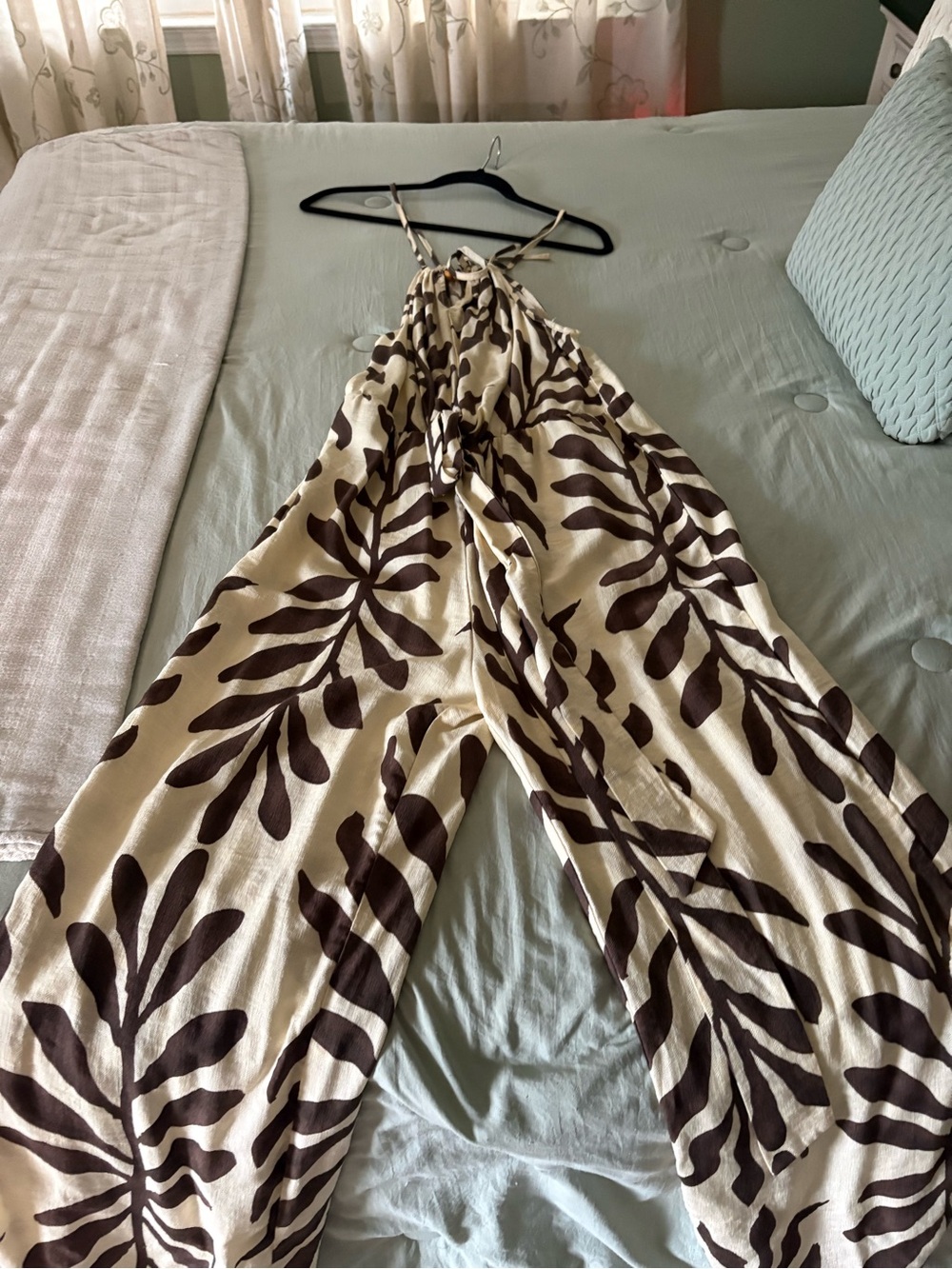 Cream and Brown Printed Halter Jumpsuit